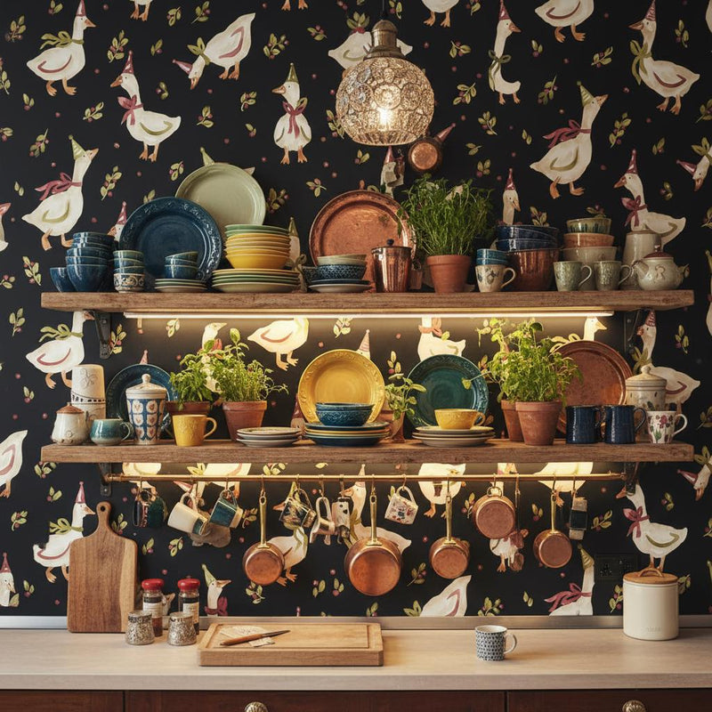 Whimsical Goose Wallpaper | Black Maximalist Wall Decor | Funny Geese Pattern Wallpaper for Kitchen Dining Room Nursery
