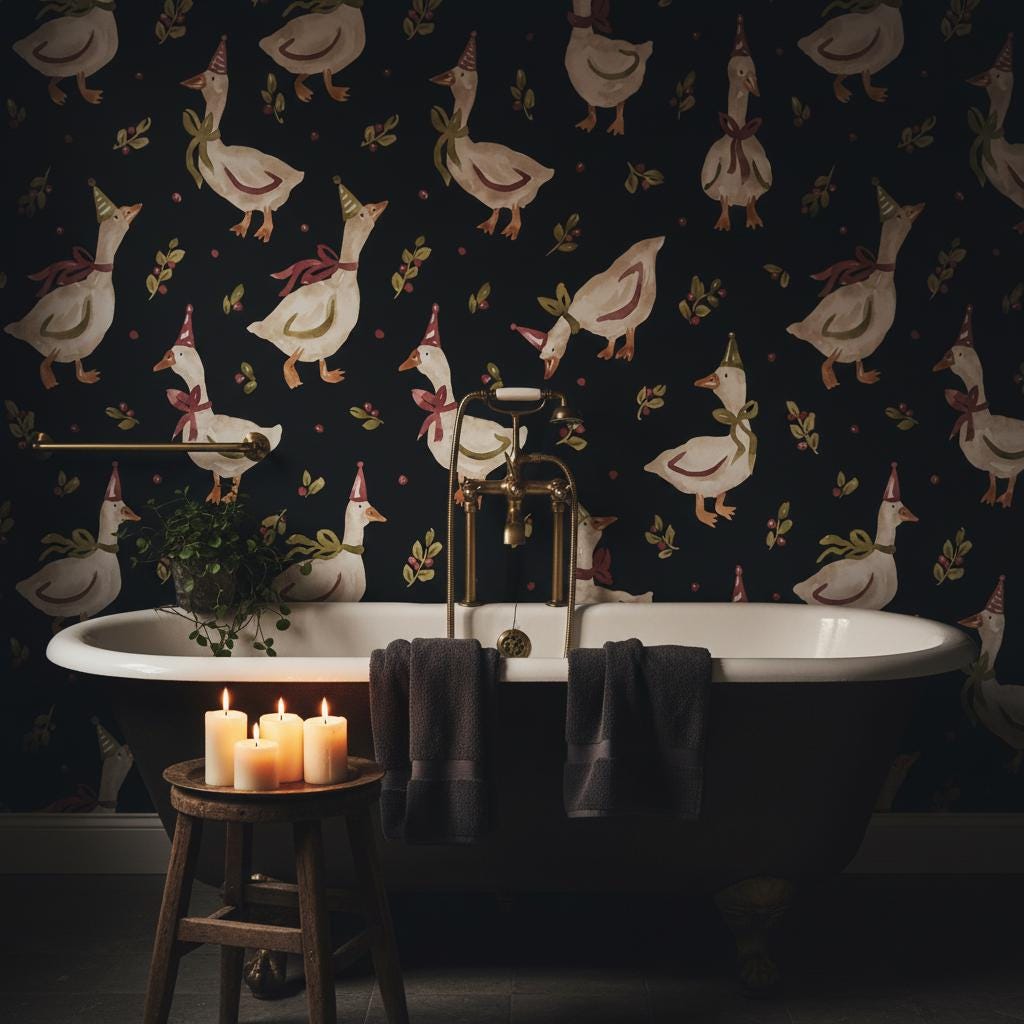 Whimsical Goose Wallpaper | Black Maximalist Wall Decor | Funny Geese Pattern Wallpaper for Kitchen Dining Room Nursery