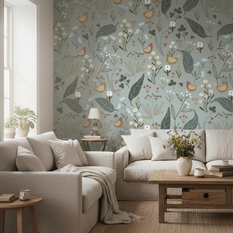 Bird Botanical Wallpaper | Folk Floral Wall Decor | Nature Nursery Wallpaper with Birds and Wildflowers
