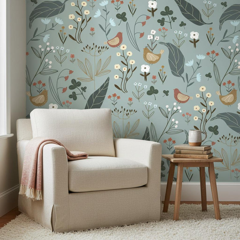 Bird Botanical Wallpaper | Folk Floral Wall Decor | Nature Nursery Wallpaper with Birds and Wildflowers