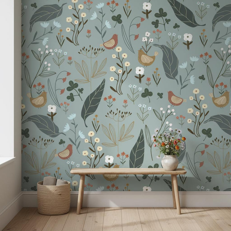 Bird Botanical Wallpaper | Folk Floral Wall Decor | Nature Nursery Wallpaper with Birds and Wildflowers