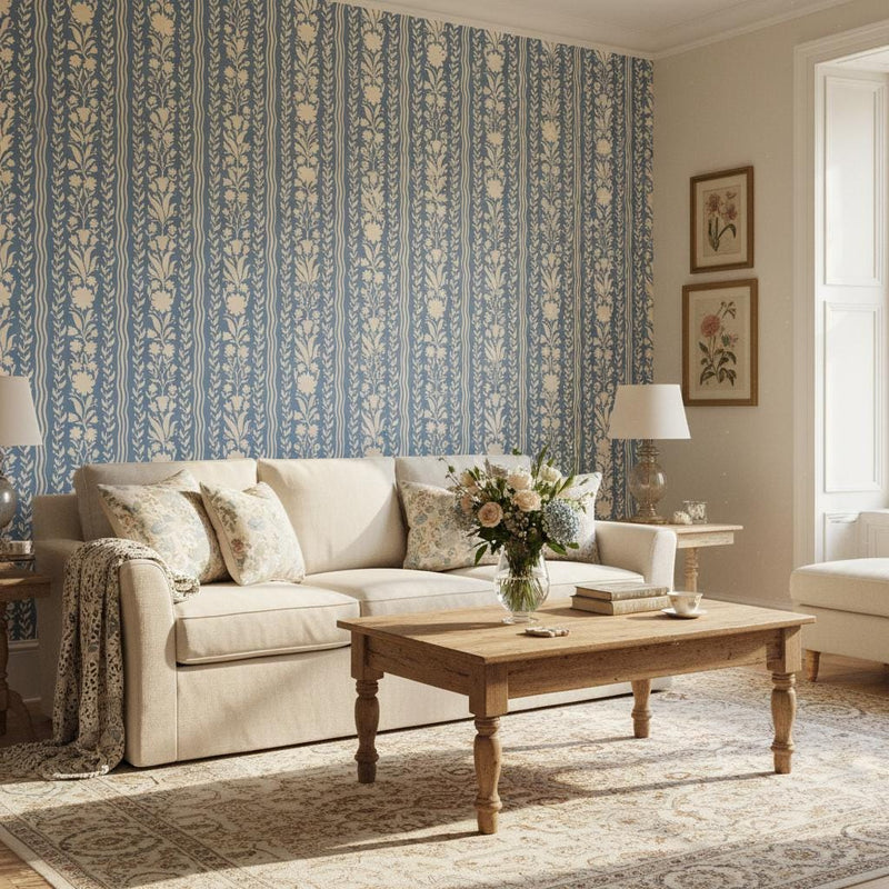 Blue Floral Stripe Wallpaper | French Country Botanical Wall Decor | Flower Wallpaper for Bedroom Living Room