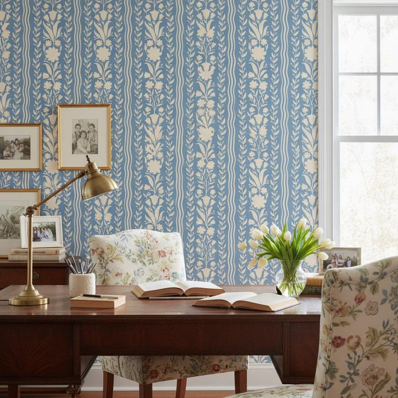 Blue Floral Stripe Wallpaper | French Country Botanical Wall Decor | Flower Wallpaper for Bedroom Living Room