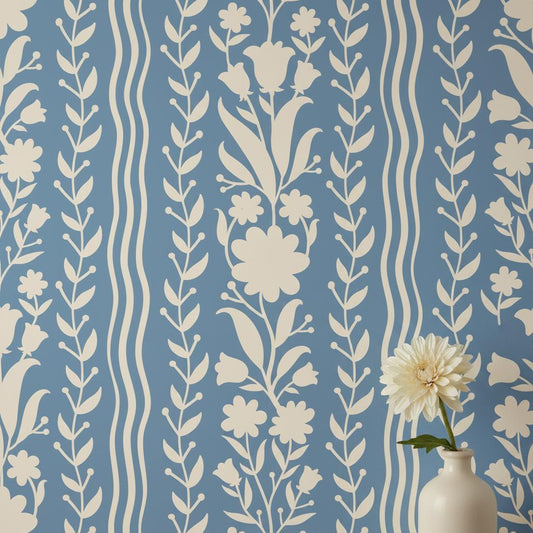 Blue Floral Stripe Wallpaper | French Country Botanical Wall Decor | Flower Wallpaper for Bedroom Living Room