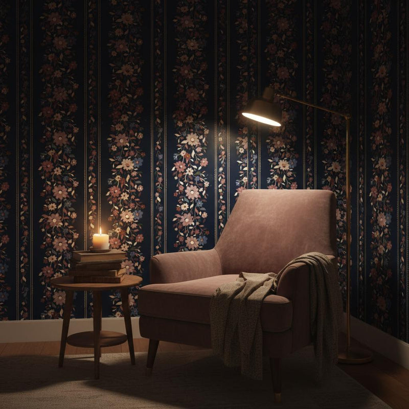 Dark Navy Floral Stripe Wallpaper | Moody Romantic Wall Decor | Maximalist Flower Garland Wallpaper for Bedroom Dining Room