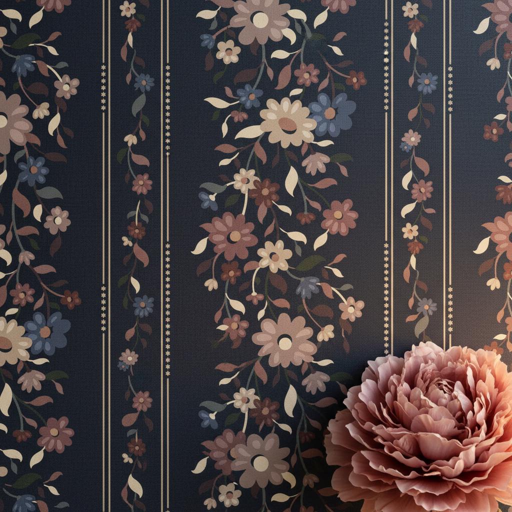 Dark Navy Floral Stripe Wallpaper | Moody Romantic Wall Decor | Maximalist Flower Garland Wallpaper for Bedroom Dining Room