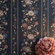 Dark Navy Floral Stripe Wallpaper | Moody Romantic Wall Decor | Maximalist Flower Garland Wallpaper for Bedroom Dining Room