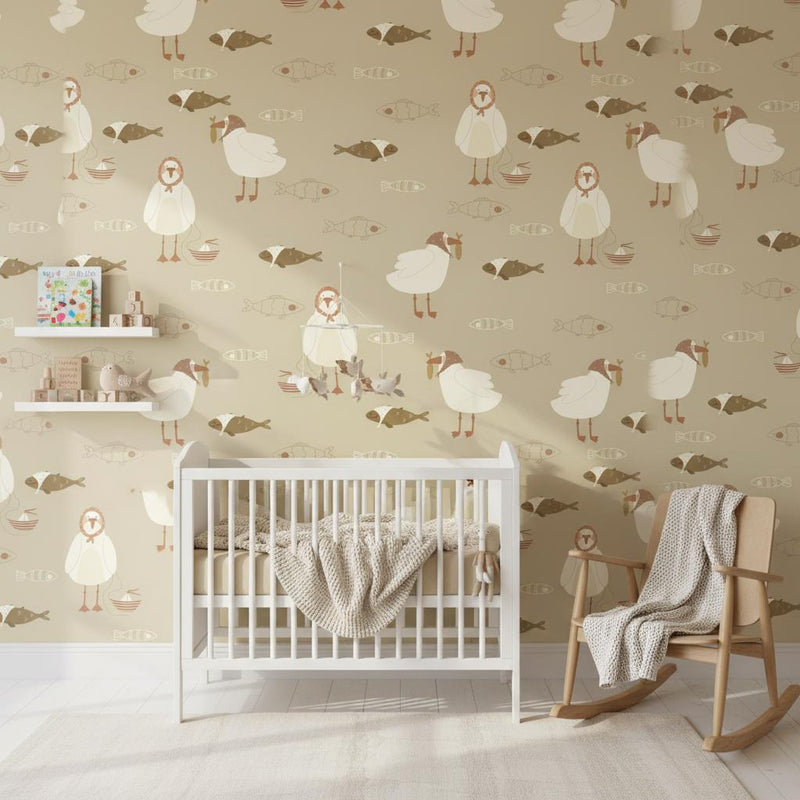 Seagull Wallpaper | Cute Coastal Bird Fish Nautical Wall Mural | Kids Nursery Beach Decor | Peel and Stick Removable Wallpaper
