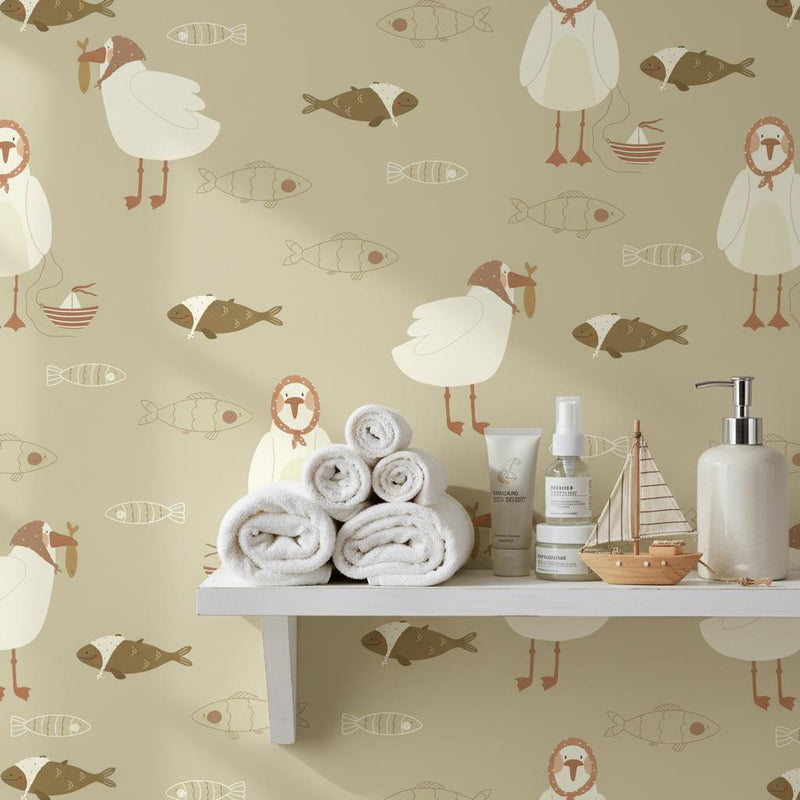 Seagull Wallpaper | Cute Coastal Bird Fish Nautical Wall Mural | Kids Nursery Beach Decor | Peel and Stick Removable Wallpaper