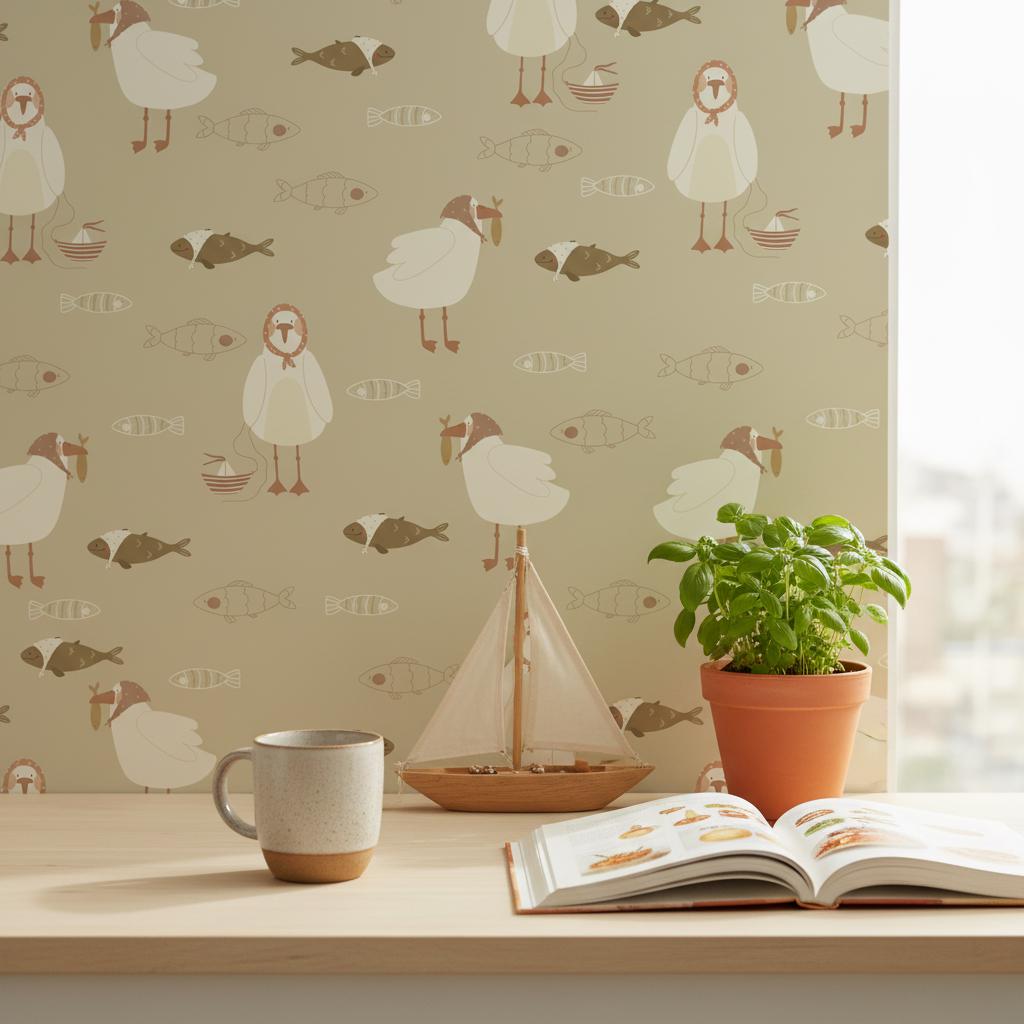 Seagull Wallpaper | Cute Coastal Bird Fish Nautical Wall Mural | Kids Nursery Beach Decor | Peel and Stick Removable Wallpaper