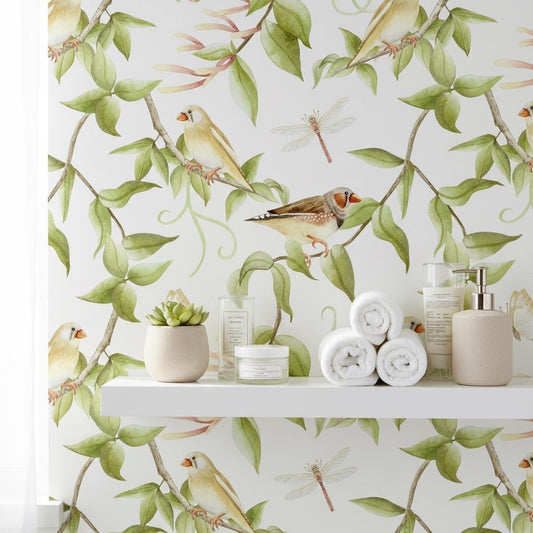 Watercolor Birds Wallpaper | Botanical Wall Mural | Peel and Stick Removable Wallpaper
