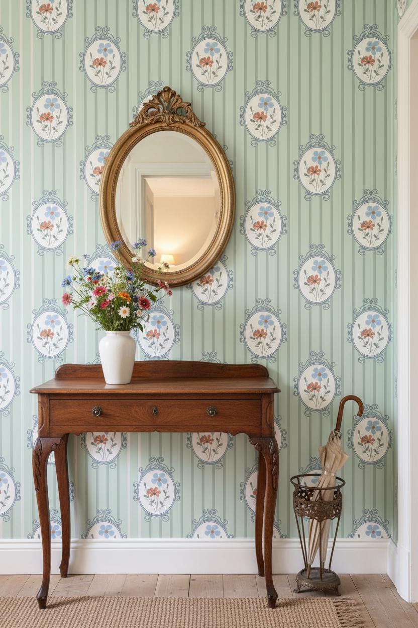 Vintage Floral Wallpaper Bedroom | Mint Green Cottage Wallpaper | Botanical Stripe Wall Decor