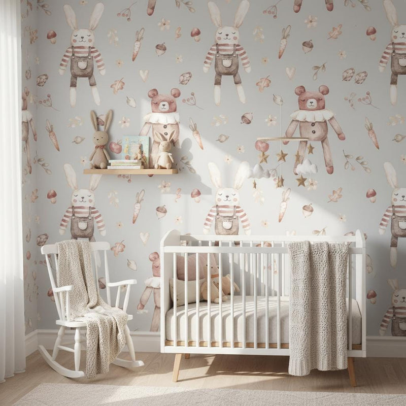 Nursery Wallpaper | Cute Toy Rabbit Teddy Woodland Wall Mural | Scandinavian Kids Decor | Peel and Stick Removable Wallpaper