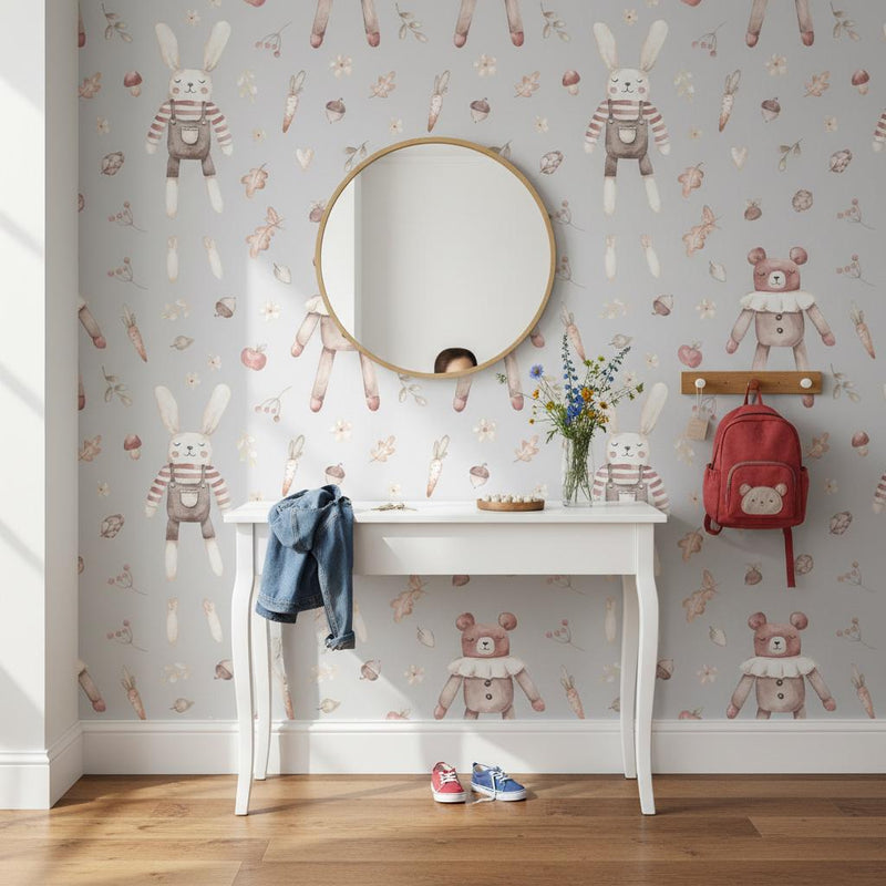 Nursery Wallpaper | Cute Toy Rabbit Teddy Woodland Wall Mural | Scandinavian Kids Decor | Peel and Stick Removable Wallpaper