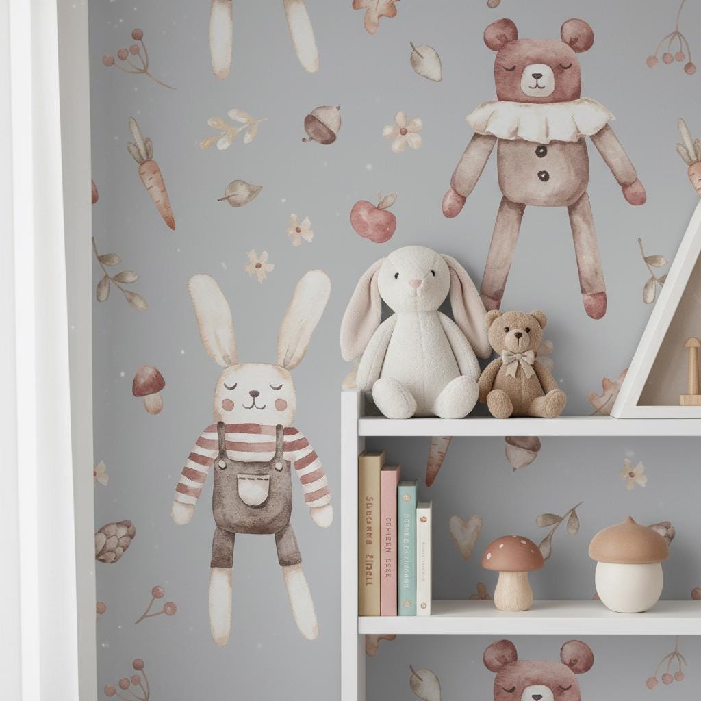 Nursery Wallpaper | Cute Toy Rabbit Teddy Woodland Wall Mural | Scandinavian Kids Decor | Peel and Stick Removable Wallpaper