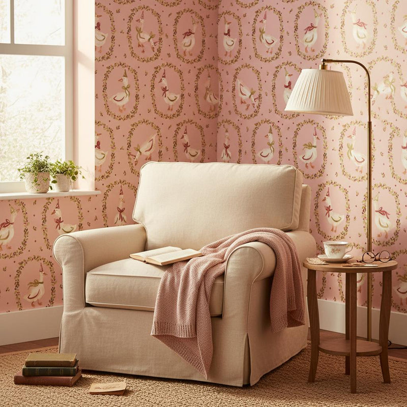 Whimsical Goose Wallpaper| Farmhouse Nursery |Pink Kids Room | Peel and Stick Removable Wallpaper