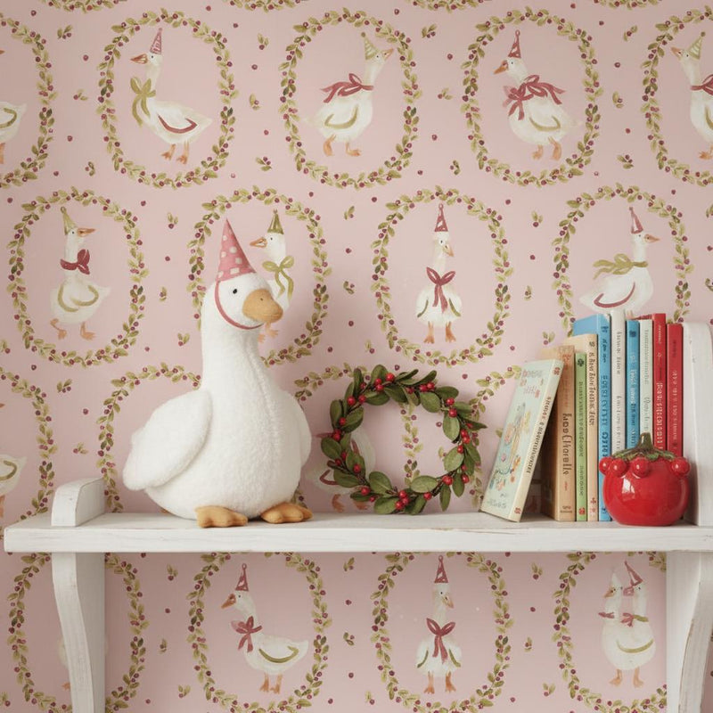 Whimsical Goose Wallpaper| Farmhouse Nursery |Pink Kids Room | Peel and Stick Removable Wallpaper
