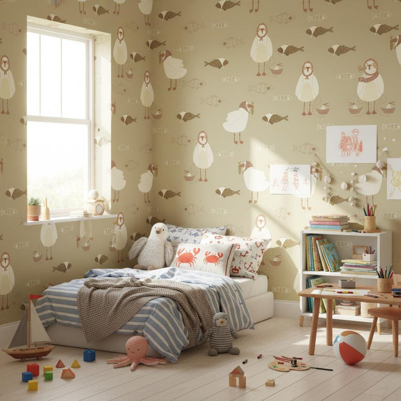 Seagull Wallpaper | Cute Coastal Bird Fish Nautical Wall Mural | Kids Nursery Beach Decor | Peel and Stick Removable Wallpaper