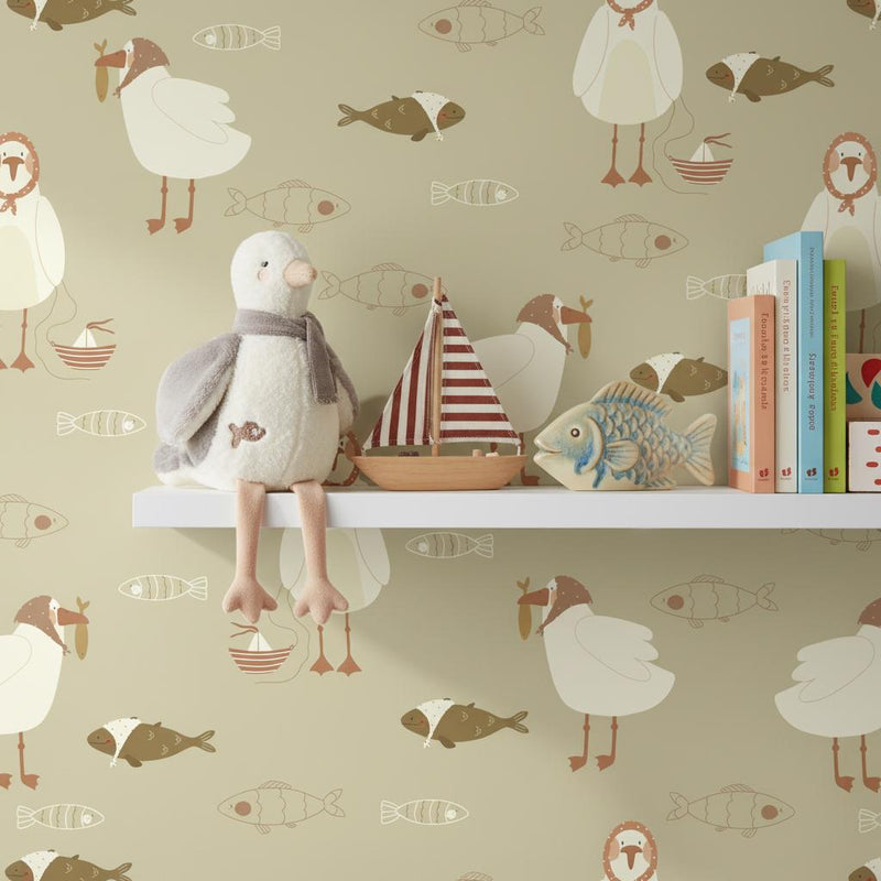 Seagull Wallpaper | Cute Coastal Bird Fish Nautical Wall Mural | Kids Nursery Beach Decor | Peel and Stick Removable Wallpaper