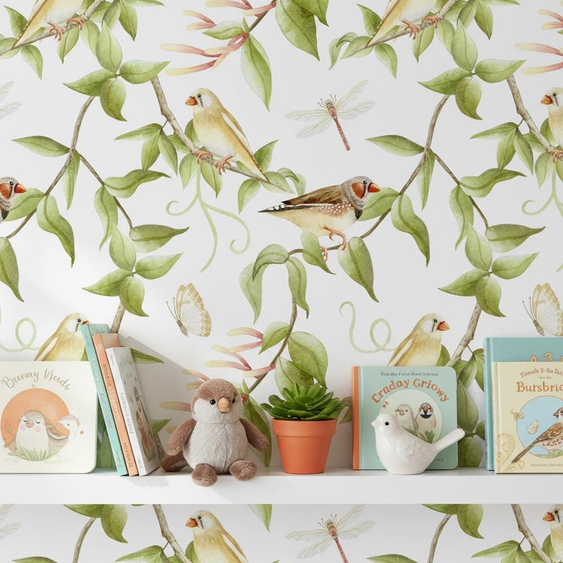 Watercolor Birds Wallpaper | Botanical Wall Mural | Peel and Stick Removable Wallpaper