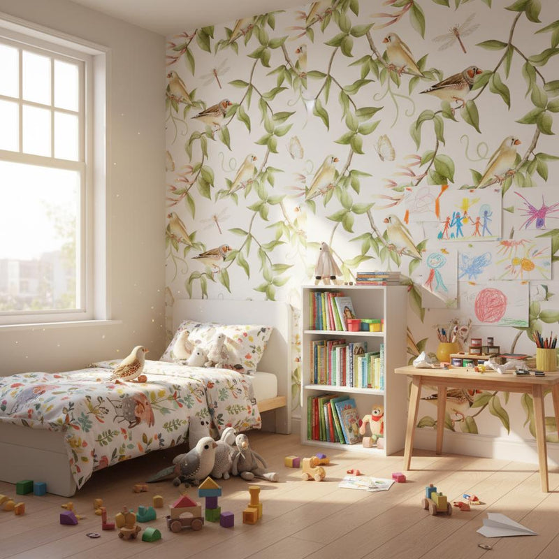 Watercolor Birds Wallpaper | Botanical Wall Mural | Peel and Stick Removable Wallpaper