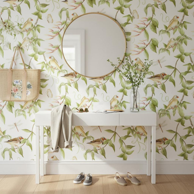 Watercolor Birds Wallpaper | Botanical Wall Mural | Peel and Stick Removable Wallpaper