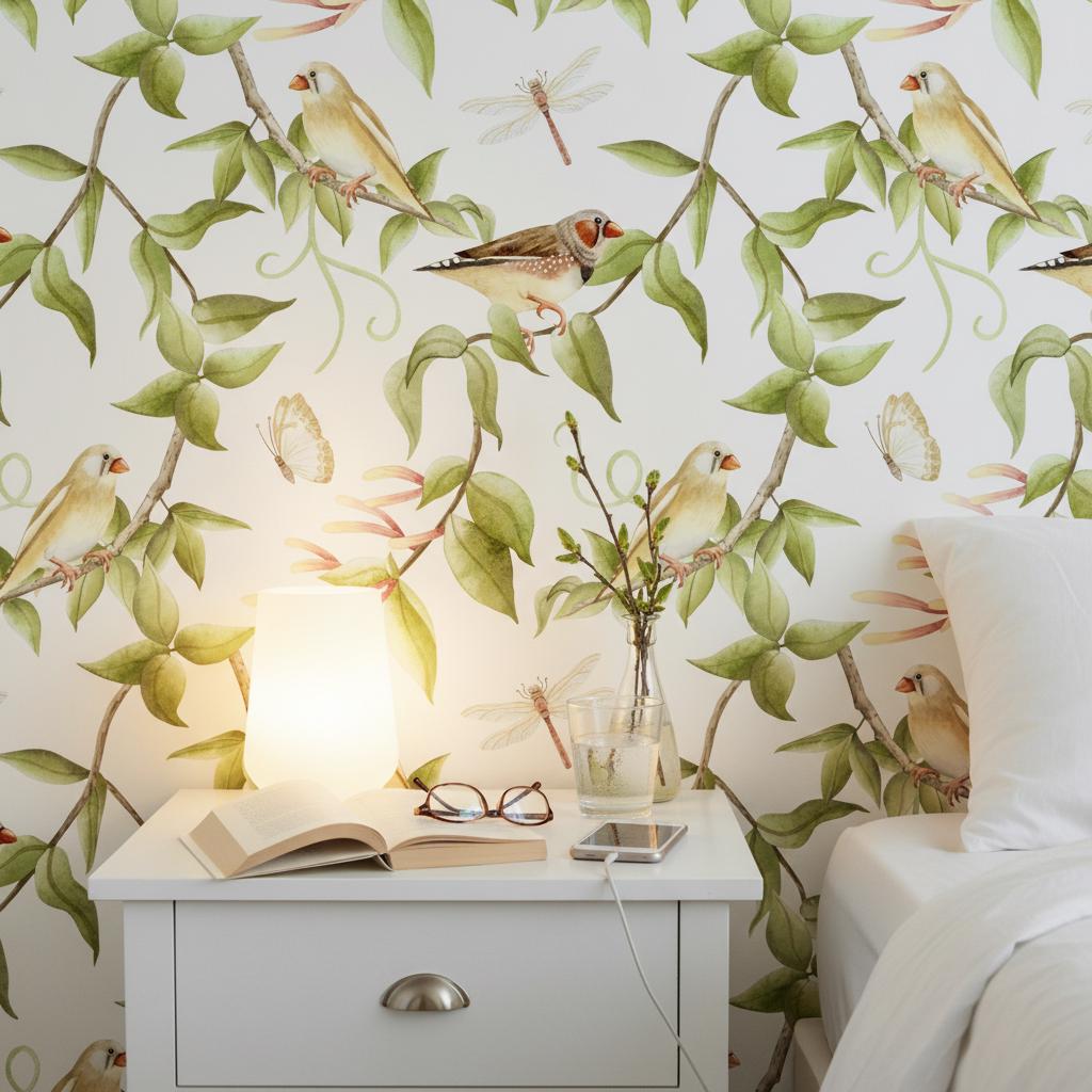 Watercolor Birds Wallpaper | Botanical Wall Mural | Peel and Stick Removable Wallpaper