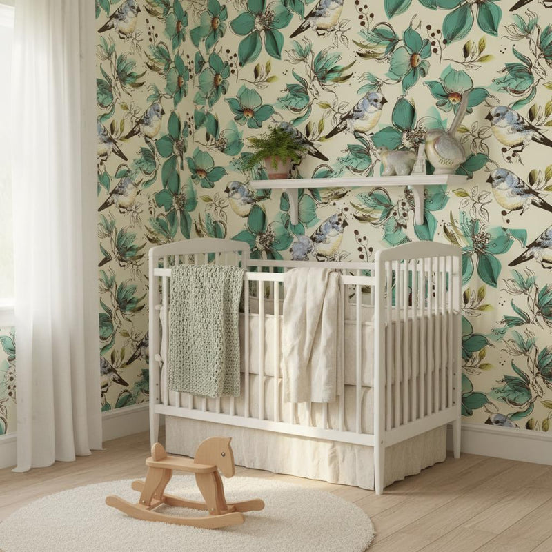 Botanical birds wallpaper | teal cream floral | nursery bedroom living room | peel and stick removable wallpaper