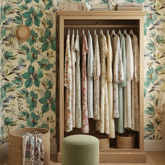 Botanical birds wallpaper | teal cream floral | nursery bedroom living room | peel and stick removable wallpaper