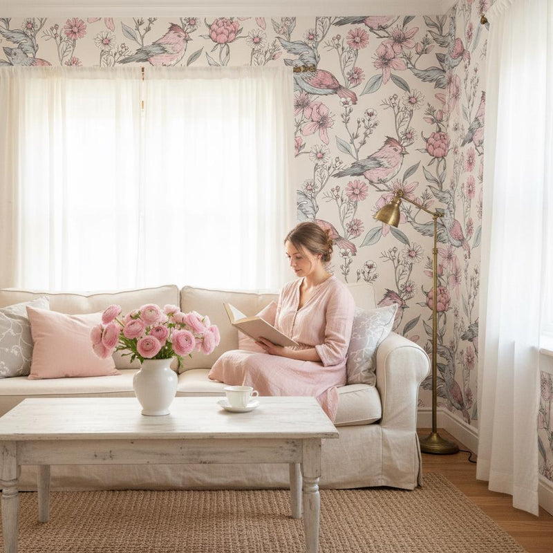 Pink birds floral wallpaper | blush botanical cherry blossom | nursery bedroom bathroom | peel and stick wallpaper