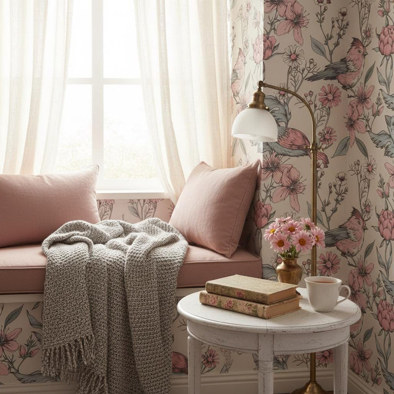 Pink birds floral wallpaper | blush botanical cherry blossom | nursery bedroom bathroom | peel and stick wallpaper