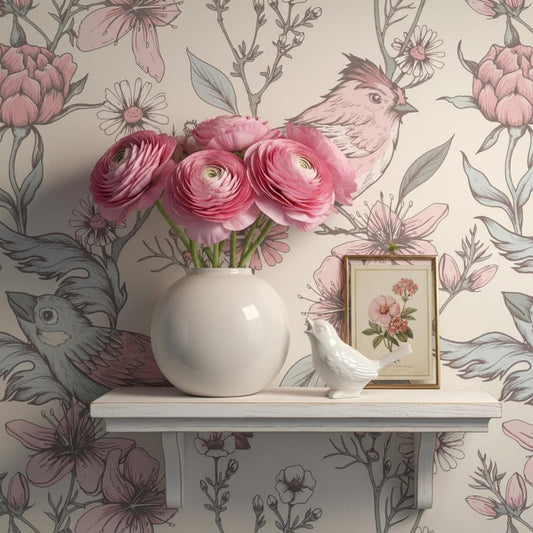 Pink birds floral wallpaper | blush botanical cherry blossom | nursery bedroom bathroom | peel and stick wallpaper