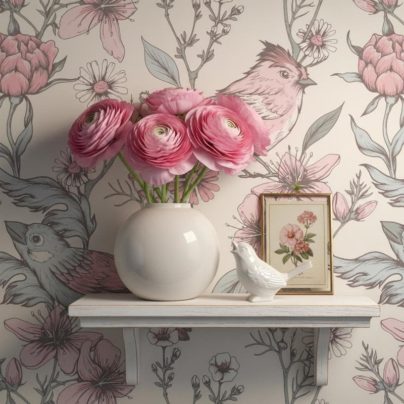 Pink birds floral wallpaper | blush botanical cherry blossom | nursery bedroom bathroom | peel and stick wallpaper