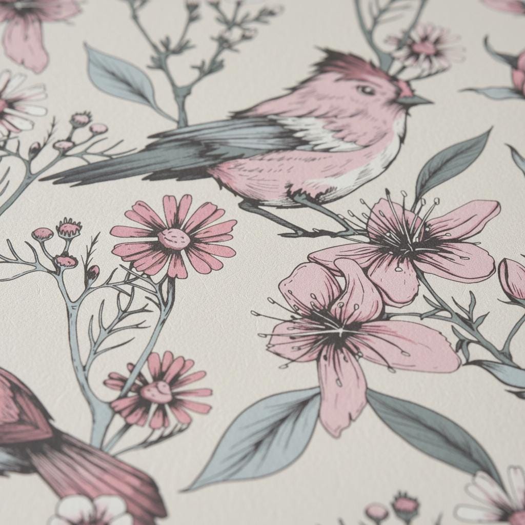 Pink birds floral wallpaper | blush botanical cherry blossom | nursery bedroom bathroom | peel and stick wallpaper