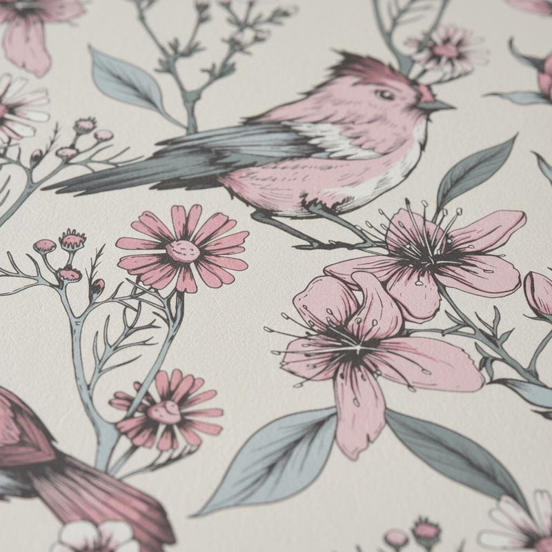 Pink birds floral wallpaper | blush botanical cherry blossom | nursery bedroom bathroom | peel and stick wallpaper
