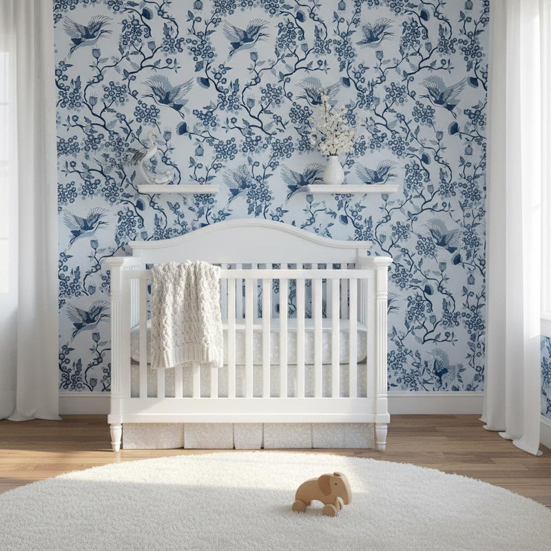 Chinoiserie crane wallpaper | navy blue botanical | bedroom living room bathroom | peel and stick removable wallpaper