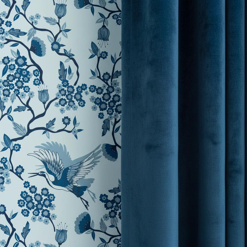 Chinoiserie crane wallpaper | navy blue botanical | bedroom living room bathroom | peel and stick removable wallpaper