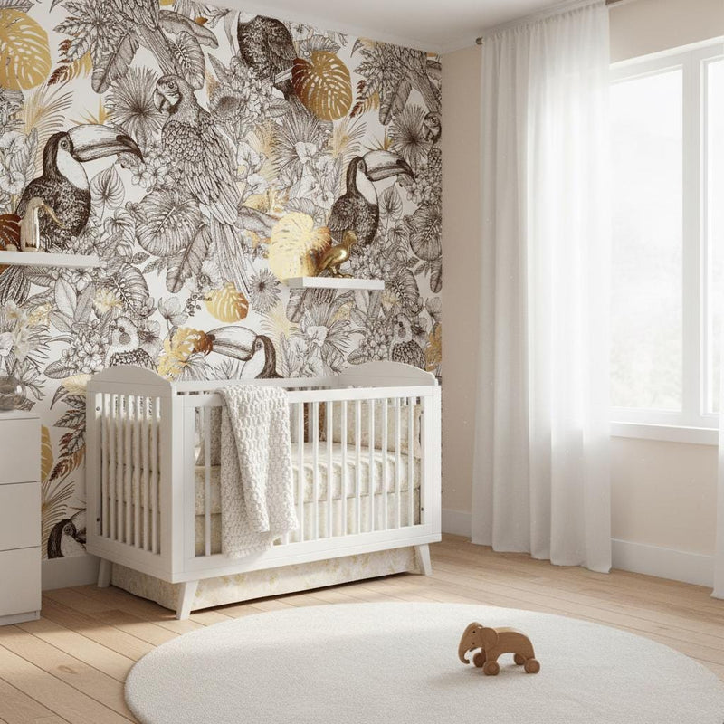 Tropical birds wallpaper | black white gold toucan parrot | living room bedroom office | peel and stick removable wallpaper