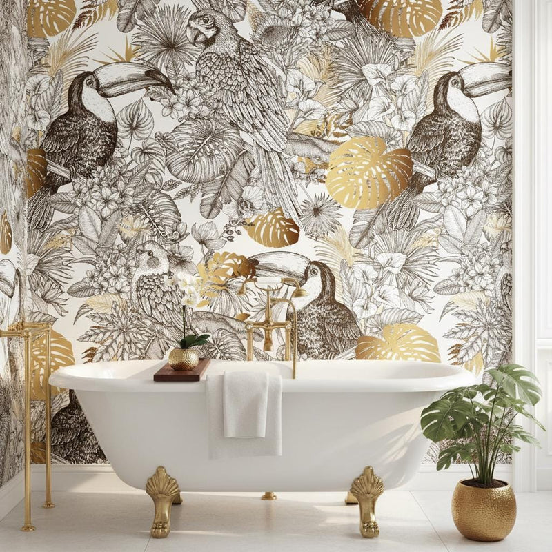 Tropical birds wallpaper | black white gold toucan parrot | living room bedroom office | peel and stick removable wallpaper