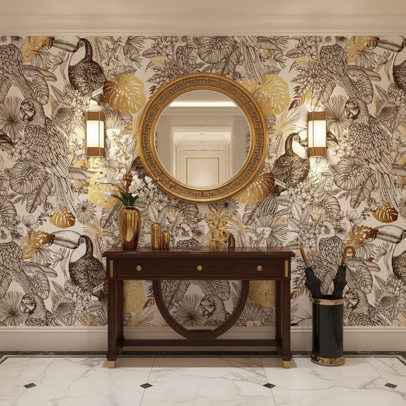 Tropical birds wallpaper | black white gold toucan parrot | living room bedroom office | peel and stick removable wallpaper