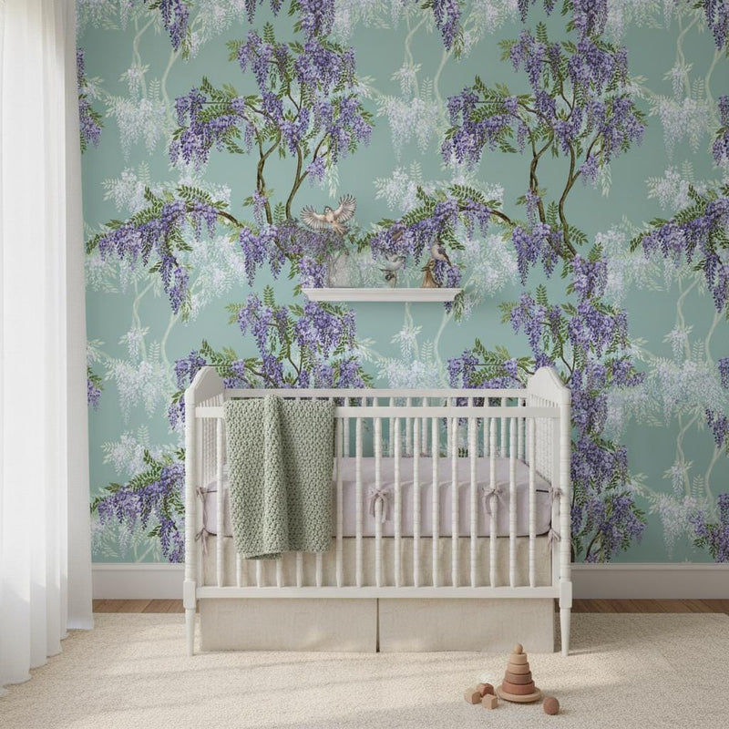 Wisteria birds wallpaper | sage blue purple botanical | nursery bedroom living room | peel and stick removable wallpaper