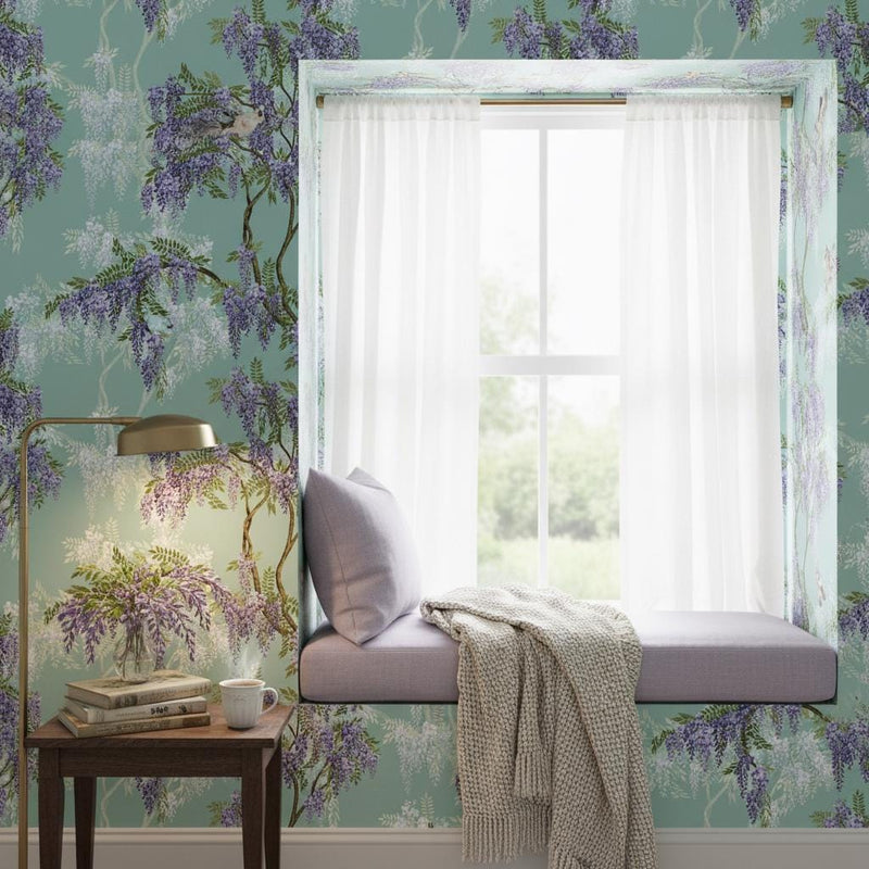 Wisteria birds wallpaper | sage blue purple botanical | nursery bedroom living room | peel and stick removable wallpaper