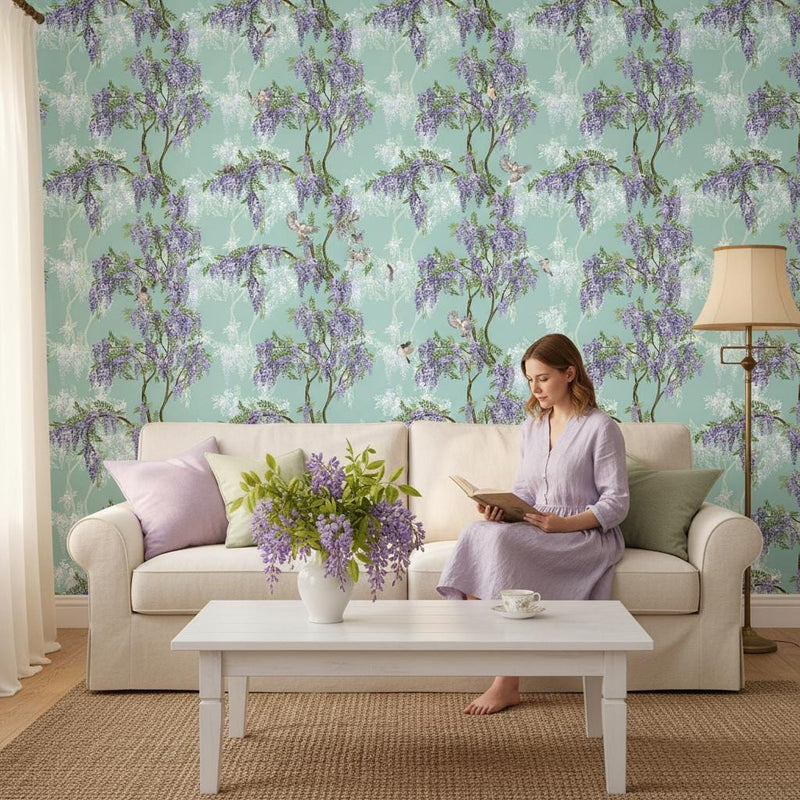 Wisteria birds wallpaper | sage blue purple botanical | nursery bedroom living room | peel and stick removable wallpaper