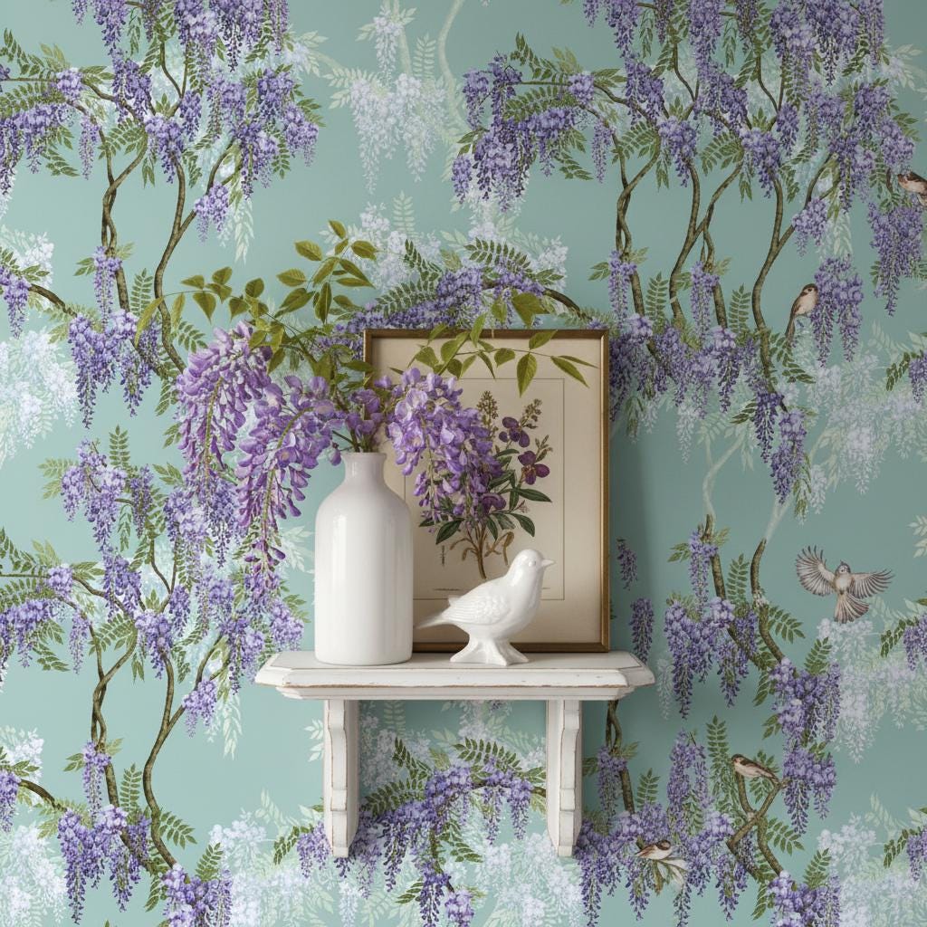 Wisteria birds wallpaper | sage blue purple botanical | nursery bedroom living room | peel and stick removable wallpaper