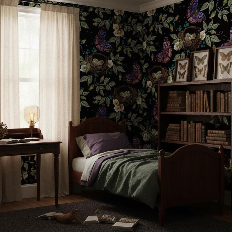 Dark butterfly wallpaper | black embroidery nest botanical | bedroom living room bathroom | peel and stick wallpaper