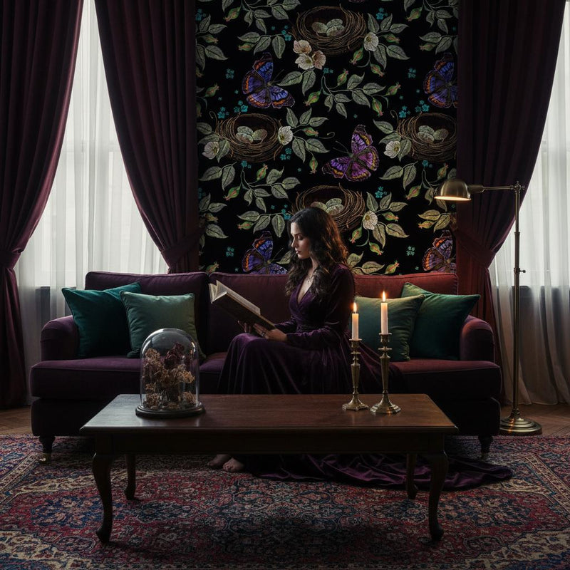 Dark butterfly wallpaper | black embroidery nest botanical | bedroom living room bathroom | peel and stick wallpaper