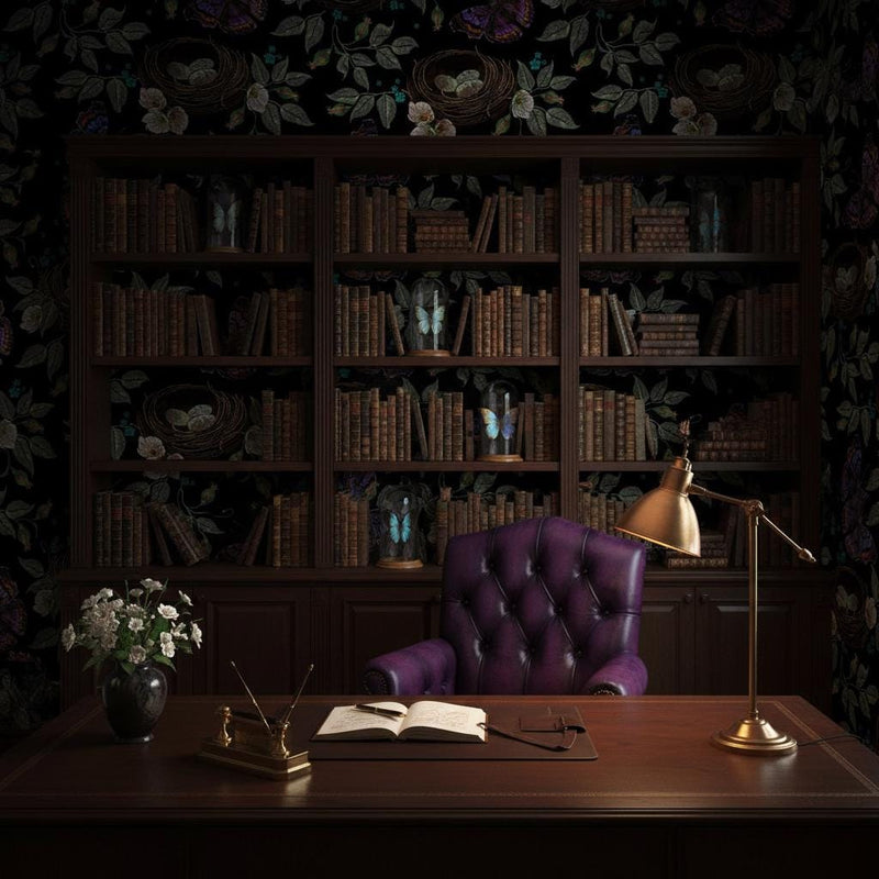 Dark butterfly wallpaper | black embroidery nest botanical | bedroom living room bathroom | peel and stick wallpaper