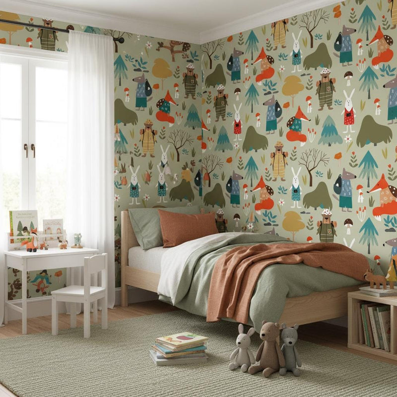 Forest animals wallpaper | sage green woodland bear fox rabbit | nursery bedroom playroom | peel and stick removable wallpaper