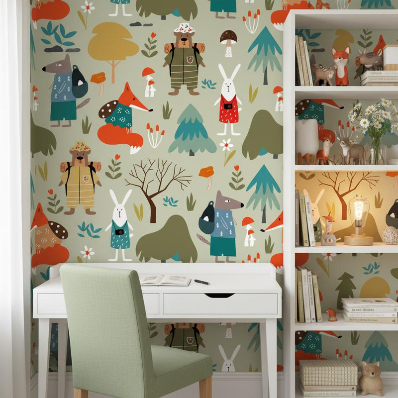Forest animals wallpaper | sage green woodland bear fox rabbit | nursery bedroom playroom | peel and stick removable wallpaper