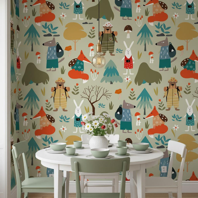 Forest animals wallpaper | sage green woodland bear fox rabbit | nursery bedroom playroom | peel and stick removable wallpaper
